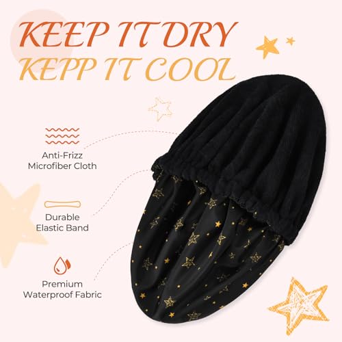 Shower Cap for Women Terry Lined Bath Cap Large Reusable Waterproof Elastic Band Black Star Shower Caps for Long Thick Hair Soft Bath Shower Hair Caps - color: Black/Gold Star