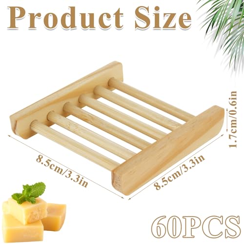 60 PCS Bamboo Soap Dish for Shower 3.3x3.5x0.7 Inch Wooden Soap Holder Self Draining Bamboo Soap Holder Handmade Wooden Soap Dish for Bar Soap Wood Soaps Tray for Bathroom, Shower, Kitchen - color: Wood