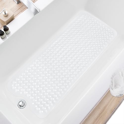 TEESHLY Bath Tub and Shower Mats, Non Slip 40 x 16 Inch Extra Large Bathtub Mat, Machine Washable Bathmat with Drain Holes, Suction Cups for Bathroom Floor, White - color: White