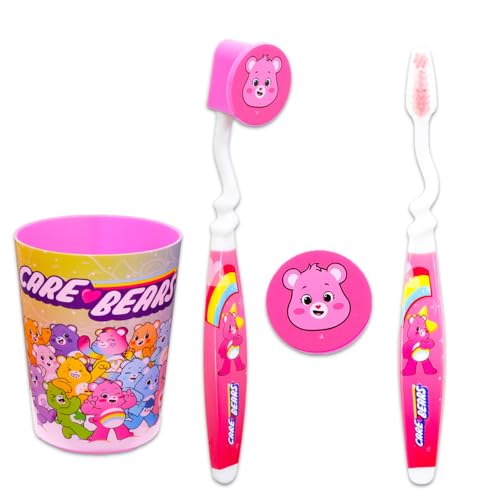 Care Bears Kids Toothbrush and Cup Kit - Official, Multicolor, Manual Toothbrush, Cup, Stickers, Cat Door Hanger, Ages 3+
