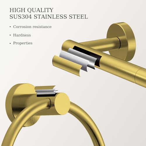 Brushed Gold Toilet Paper Holder & Towel Holder, Bathroom Hardware Set-SUS304 Stainless Steel Double Post Pivoting Tissue Roll Holder and Hand Towel Ring Set for Bathroom, RV - color: Brushed Gold