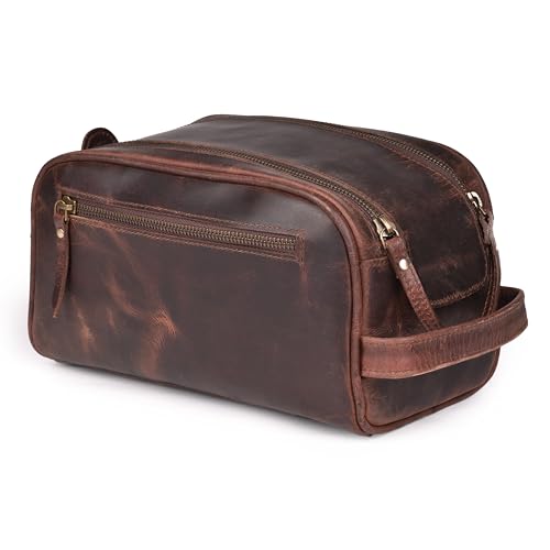 LEATHER VILLAGE Genuine Leather Toiletry Travel Bag With Waterproof Lining - Mulberry Brown | King-Size Handcrafted Vintage Dopp Kit Bag, Shaving & Bathroom Organizer, Gift for Men & Women - color: Mulberry Brown