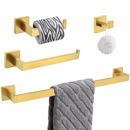Bathroom Hardware Set 4-Piece, Angle Simple SUS304 Stainless Steel Bath Accessory Kit, Bathroom Fixture Set with Robe Hook, Toilet Paper Holder, Towel Holder and Towel Bar, Brushed Dark Gold - color: Brushed Dark Gold