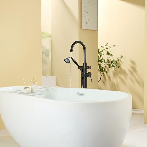 Wowkk Tub Filler Freestanding Bathtub Faucet Black Floor Mounted Brass Bathroom Tub Faucets with Hand Shower - color: Black