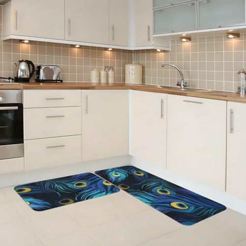 Peacock Feather Blue Kitchen Rugs Mats Set of 2 Pcs Non-Slip Floor Mats Washable Runner Rugs Set for Bathroom Laundry Hallway Kichen Comfort Standing Mat - color: Peacock Feather Blue