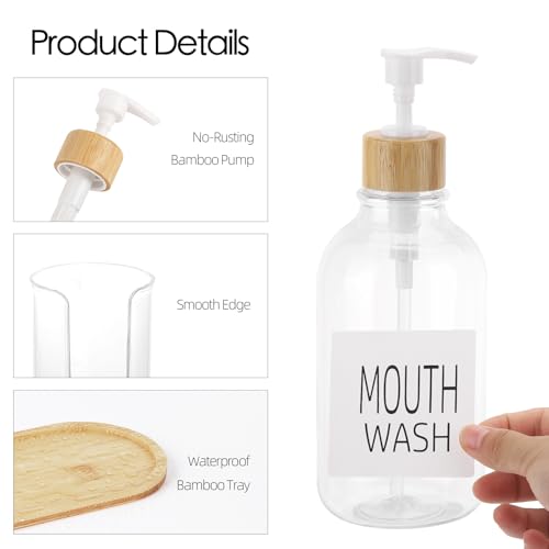 Mouthwash Dispenser with Cup Holder, Plastic Mouth Wash Pump Bottle with Tray for Bathroom Organizers, 17oz Refillable Clear Mouthwash Container - Bamboo - color: Group a - Clear