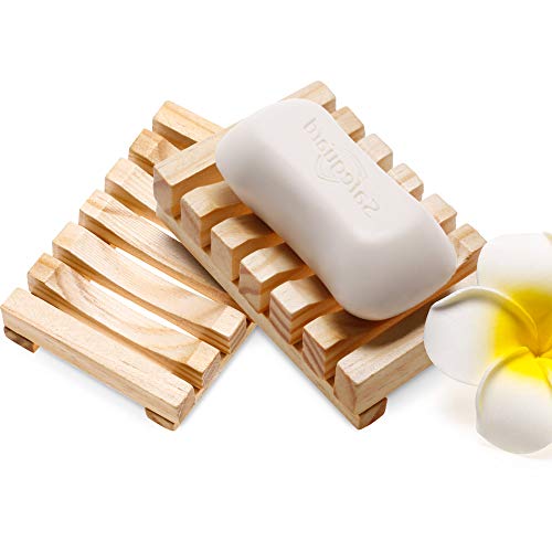 Honoson 5 Pieces Wooden Soap Dish Holder Tray Wood Bar Soap Holder Tray Self Draining Saver for Shower Bathroom Kitchen(Wooden) - color: Wooden