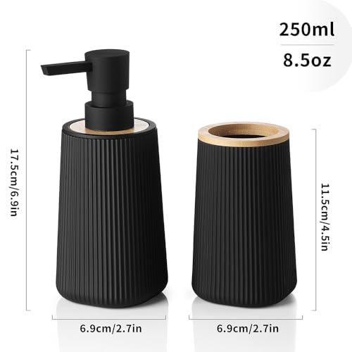 YAUKPH Bathroom Accessories Set 2 Piece Soap Dispenser and Toothbrush Holder for Bathroom Countertop Striped Black and Bamboo - color: Striped Black and Bamboo