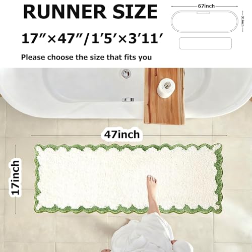 ORTIGIA Long Cute Scalloped Bathroom Rugs Runner, Fun White and Green Plush Microfiber Scallop Bath Mats Non Slip Washable Quick Dry Absorbent, Rug Carpet for Bathtub Sink Laundry Room Bedroom, 17x47 - color: Green and White, size: 1'5" x 3'11" (Rectangul