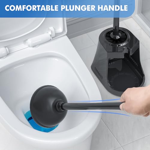 LOVLOY Toilet Plunger and Brush with Holder, Bowl Brush and Heavy Duty Toilet Plunger Set with Ventilated Holder, 2-in-1 Toilet Brush and Plunger Combo for 5.3-inch Toilet Drain New Pack (Black, 1) - color: Black