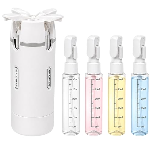 Travel Bottles for Toiletries, 4-in-1 Portable Refillable Containers, Leak-Proof, Transparent, with Measurement Scale and Labels, for Shampoo, Conditioner, Lotion and Cream