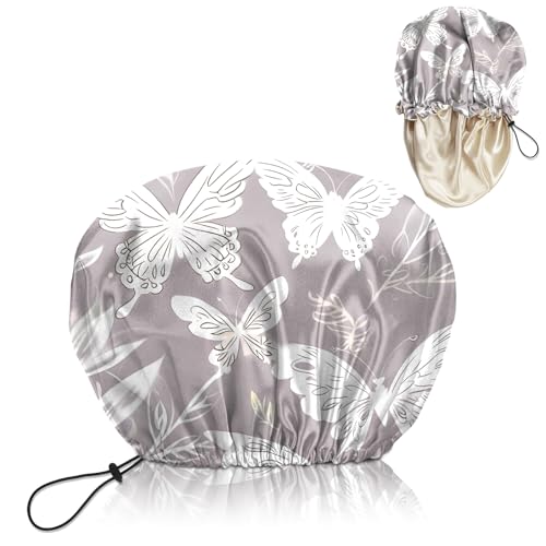 Luxury Shower Cap Satin Lined Reusable Waterproof Double Layer Elastic Adjustable Hair Bath Cap Cute Aesthetic Women Girls-White Butterfly - color: F15-White Butterfly