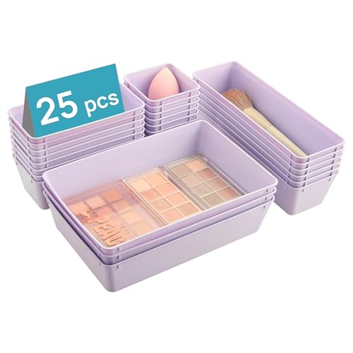 Vtopmart 25 PCS Plastic Drawer Organizers Set, 4-Size Versatile Bathroom and Vanity Drawer Organizer Trays, Storage Bins for Makeup, Bedroom, Kitchen Gadgets Utensils and Office - color: Lilac