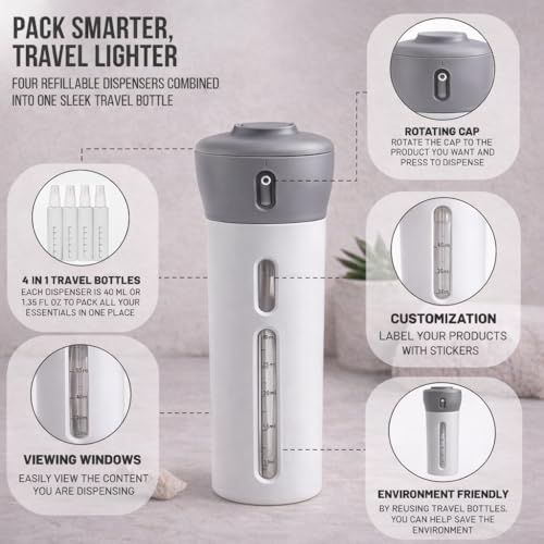 Travigo 4-in-1 Travel Dispenser Bottle, TSA Approved, Leak Proof, Four Reusable 1.4 oz. (40 mL) Toiletry Containers for Shampoo, Conditioner, Soap, Lotion, Skincare (Gray) - color: 1 Dispenser (Gray)