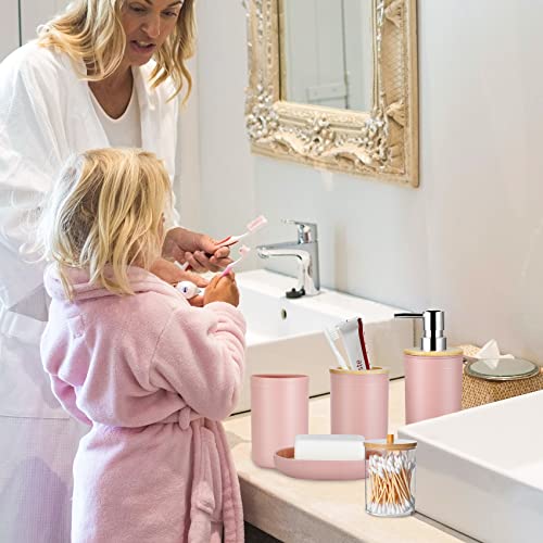 iMucci 9Pcs Pink Bathroom Accessories Set - with Trash Can,Toilet Brush,Toothbrush Holder, Lotion Soap Dispenser, Soap Dish,Toothbrush Cup,Qtip Holder,Tray - size: Bath Set, style: Pink1