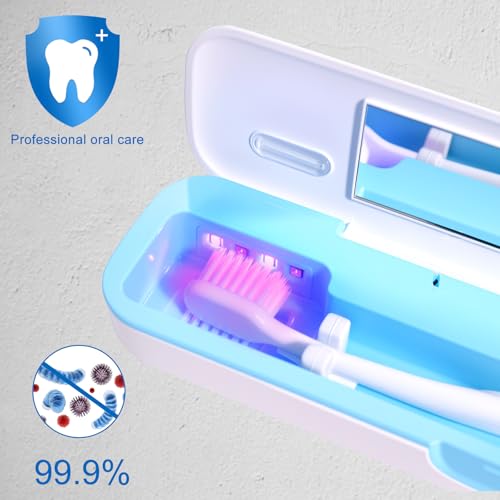 UV Toothbrush Sanitizer and Holder, Portable Travel Case and Cover, Toothbrush Cleaner Powered by AA Battery or USB-C, Fits Most Brushes - color: White-Blue