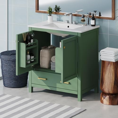 Linique 30" Modern Bathroom Vanity with Sink Combo Set, Solid Wood Frame Bathroom Storage Cabinet with 2 Soft Closing Doors and a Drawer, Multifunctional Storage, Green - color: Green