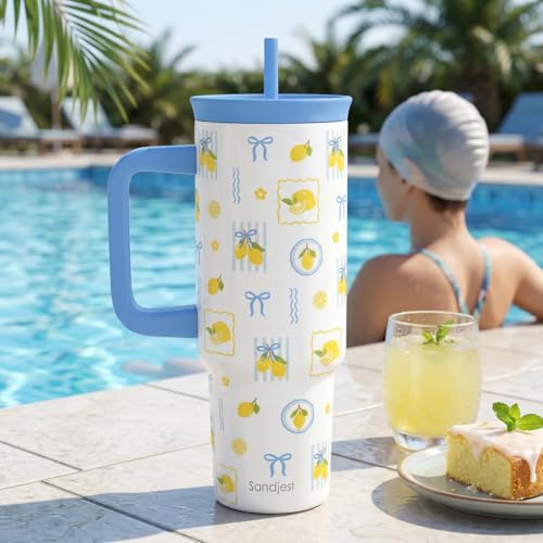 SANDJEST Lemon Stainless Steel Locking Lid Silicone Straw Tumbler with Handle 40oz, Insulated Stainless Steel Travel Cup for Women Girls Friends, Gift Idea for Birthday Summer Vacation - color: Lemon