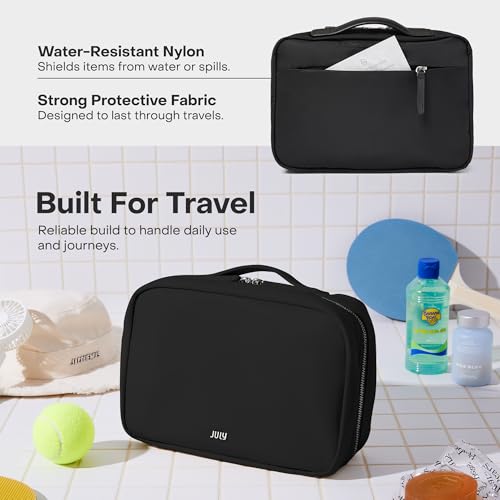 July Hanging Toiletry Bag with Hidden Hook, Clear & Leak-Resistant PVC Pocket, Toothbrush Tab, Water-Resistant Nylon and Leather Trims - Travel Essentials Bag, Bathroom Travel Organizer - Black - color: Black
