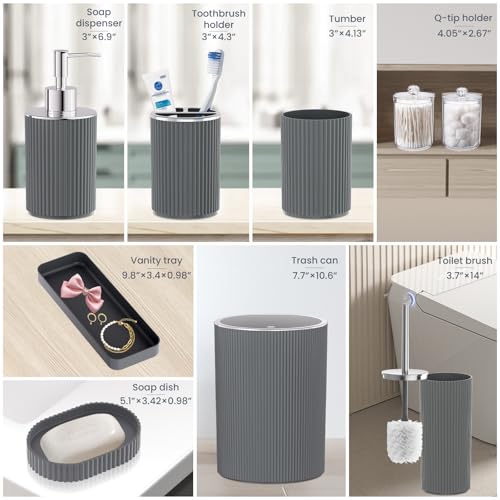 Grey Bathroom Accessories Set, 10PC Bathroom Set, Bath Accessory with Pop Up Trash Can, Soap Dispenser, Toilet Brush, Toothbrush Set Qtip Holders & Tray - color: Gray & Silver, size: 10-Piece Set (Accessories Only)