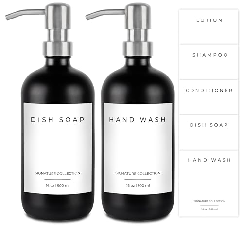 Emerson Glass Soap Dispenser Set - Kitchen & Bathroom, 2 Pack with Pump and Labels - 16 Oz - color: 03 – Black / Stainless Steel