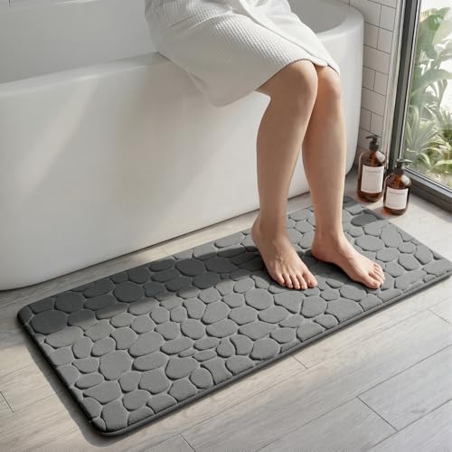YIHOUSE Memory Foam Runner Rug, Cobblestone Bathroom Runner Rugs Super Water Absorbent Bath Mats for Bathroom Machine Washable Bath Rugs for Hallway Bedroom Laundry Room(20 x 47,Dark Gray) - color: Dark Gray Single, size: 1'8" x 3'11" (Rectangular)