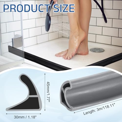 uxcell Flexible Shower Water Barrier, 118" TPE Shower Edge Water Stopper Blocker Splash Guard for Bathtub Sink Washing Machine Dry and Wet Separation, 1.18"W x 1.77"H, Grey - color: Gray, size: 118"L x 1.18"W x 1.77"H