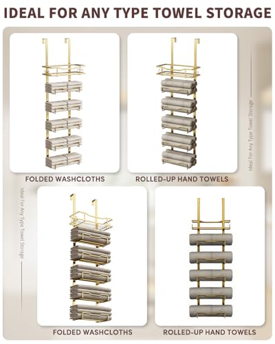 Hanging Towel Racks for Bathroom No Drill - 6-Tier Over The Door Bath Towel Storage Organizer for Small Bathrooms - Tiered Back of Door Towel Holder Hanger for Rolled Towels RV Camper Gold - color: Gold, size: 6 tier