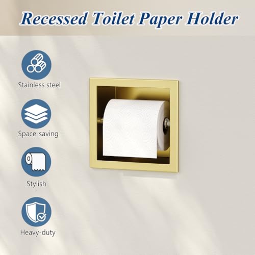Neodrain Gold Recessed Toilet Paper Holder, 304 Stainless Steel Built-in Tissue Paper Roll Holder, Roll Paper Holder for Bathroom Wall - color: Gold, size: 6X6In