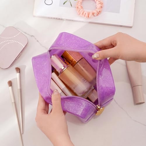 RSRSLEII Stardust Twinkle Jelly Travel Makeup & Toiletry Bag, Waterproof PVC Cosmetic Bag/Case for Women，Zipper SPF Beach Bag for Sunscreen Skincare and Daily Essentials (03Purple) - color: 03Purple