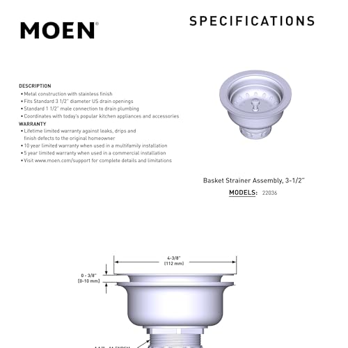 Moen Kitchen Sink Strainer Basket with Drain Assembly, Stainless Steel, 22036