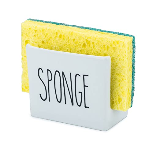 Heartland Home Porcelain Sponge Holder for Kitchen Sink. Compact Sink Caddy Organizer - Scrub Daddy Compatible Dish Sponge Holder. Ceramic Black and White Kitchen Decor and Cute Kitchen Accessories