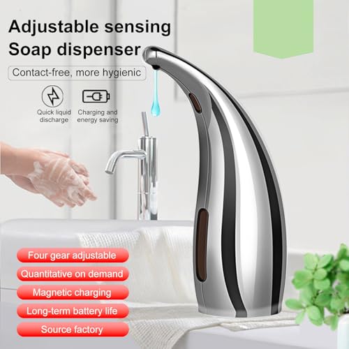 300ml Touchless Automatic Soap Dispenser Silver Magnetic Charging | Infrared Induction 4 Gear Adjustable Liquid Output Minimalist IPX6 Waterproof Design for Kitchen Bathroom Hotel Daily Use - color: Silvery