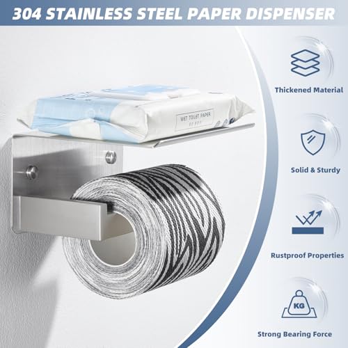 APLusee Brushed Nickel Toilet Paper Holder with Phone Shelf, 304 Stainless Steel Toilet Tissue Roll Holder, Wall Mounted Bathroom Paper Roll Dispenser - color: Brushed Nickel, size: Single Rod
