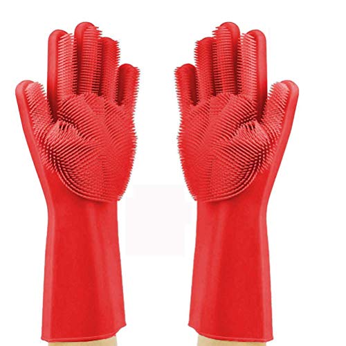 Silicone Dishwashing Gloves, Pet Grooming Rubber Scrubbing for Dishes, Sponge Wash Cleaning with Scrubbers (13.6" L) - color: Red