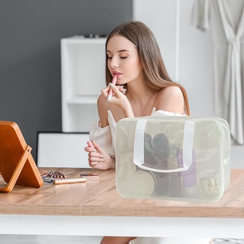 PVC Clear Pure Color Transparent Large Zipper Cosmetic Pouch Travel Makeup Cosmetic Bag with Handle for Travel Bathroom Toiletry Organizer (A23014-101-44) - color: A23014-101-44
