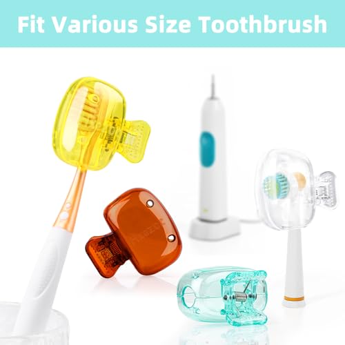 Hxezoc 4 Pack Toothbrush Covers Toothbrush Holders Toothbrush Protector Cap Brush Pod Case Protective Portable Plastic Clip for Household Travel, School, Bathroom, Camping, Business - color: Clear, Yellow, Teal, Brown