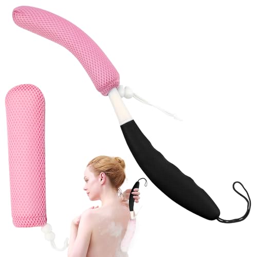 15.35" Back Bath Brush with Sponge,Back Scrubber Bath Mesh with Curved Long Handle Bath Body Brush for Elderly Aid Bathing and Shower - size: Black+Pink Handle