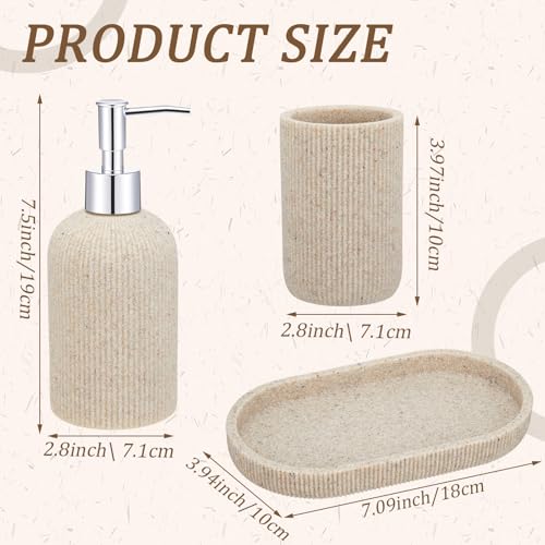 Beige 3 Pcs Toothbrush Holder, Soap Dispenser and Toothbrush Holder, Stripes Decorative Tray Set, Vanity Tray for Bathroom, Frosted Farmhouse Decor