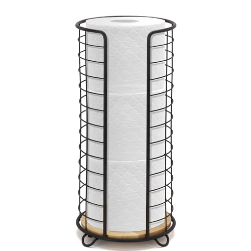BROOKSTONE, Stylish Toilet Paper Holder with Bamboo Base, Freestanding Bathroom Tissue Organizer, Minimalistic Storage Solution, Modern Trending Design [Holds Large Rolls], Black… - color: Black/Bamboo