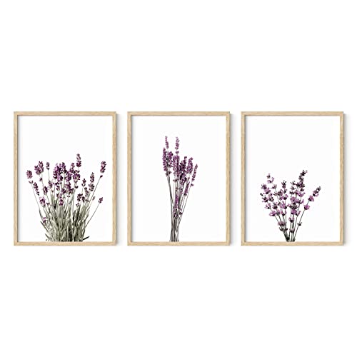 HAUS AND HUES Botanical Wall Art - Set of 3 Calming Lavender Prints, Plant Posters, Minimalist Flower Pictures, Lavender Couch Art Print (Beige Frame, 12x16) - color: Lavender Plants, size: 12"L x 16"W, style: Beige Framed