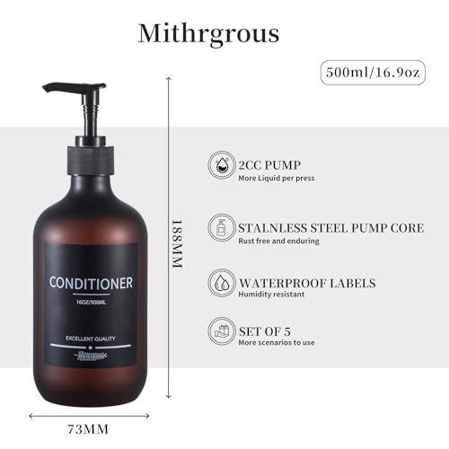 Refillable Matte Amber Plastic Shampoo and Conditioner Bottles (5 Pack, 16.9oz), with Pumps and Labels - color: Matte Amber