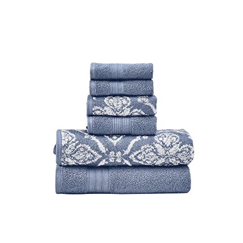 Modern Threads Amaris 6-Piece Reversible Yarn Dyed Jacquard Towel Set - Bath Towels, Hand Towels, & Washcloths - Super Absorbent & Quick Dry - 100% Combed Cotton, Denim - color: Denim, style: Bohemian