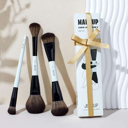 Jessup Face Makeup Brushes Blue 3pcs Double Ended Makeup Brush for Foundation Contour Blush Highlight and Concealer Brush, Premium Synthetic Brush Set T503 - style: T503