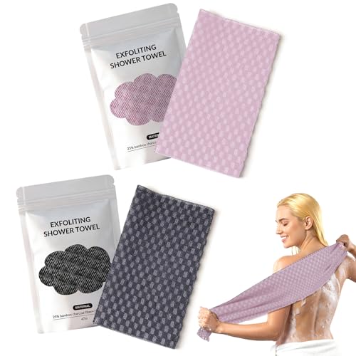 Blussal Exfoliating Shower Towel, Premium Scrub Wash Cloth for Body Face, 2-in-1 Deep Exfoliatings Towels-Body Scrubber with 2 Sides for All Skin Types Woman and Men (Pink+Black) - color: Pink+Black