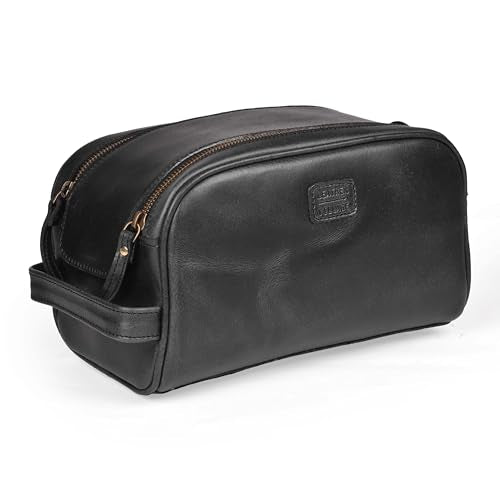 LEATHER VILLAGE Genuine Leather Toiletry Travel Bag With Waterproof Lining - Black | King-Size Handcrafted Vintage Dopp Kit Bag, Shaving & Bathroom Organizer, Gift for Men & Women - color: Black