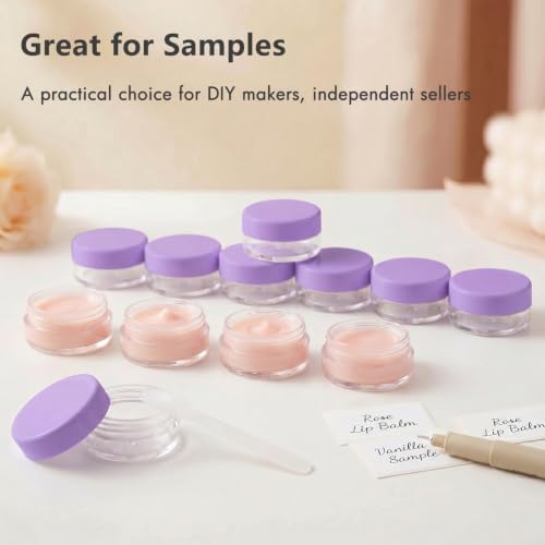3 Gram Sample Jars with Lids, 25 Count Mini Cosmetic Containers - Makeup Travel Containers with Labels, Tiny Disposable Spatulas - color: Purple