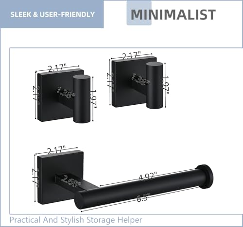 Matte Black Toilet Paper Holder Wall Mount with 2 Towel Hooks, 3 Piece Bathroom Hardware Set, SUS304 Stainless Steel Roll Holder and Robe Hooks for Bathroom, RV, Kitchen - color: Matte Black