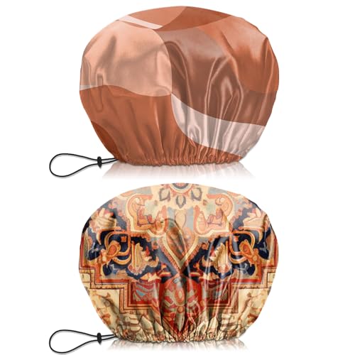 2 PCS Shower Cap Waterproof Double Layer Elastic Adjustable Reusable Hair Bath Caps for Girls Women Cute Aesthetic-Red - color: G13-Red