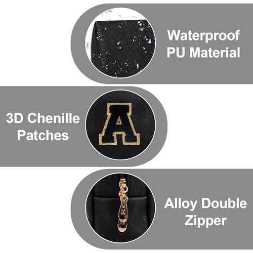 Personalized Initial A-Z Preppy Patch Makeup Bag,Small PU Chenille Letter Cosmetic Bag with Zipper for Teen Girls,Black Cute Toiletry Organizer Bag,Monogram Makeup Case Gift for Women Girls,Letter A - color: Black,Black-Letter, size: A